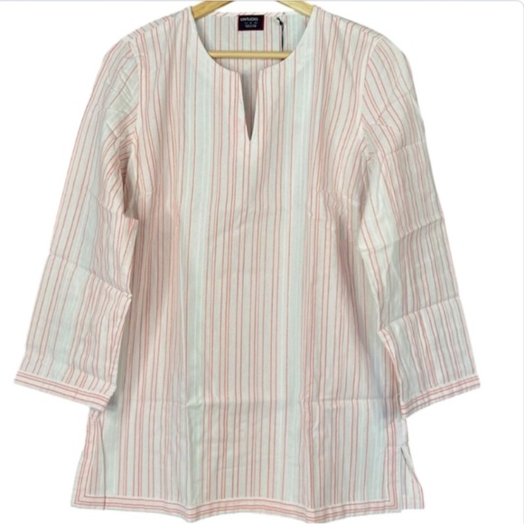 UNTUCKit Durfort Top White Coral NWT Striped Blouse Cotton Preppy Shirt Size 6 - Picture 1 of 3
